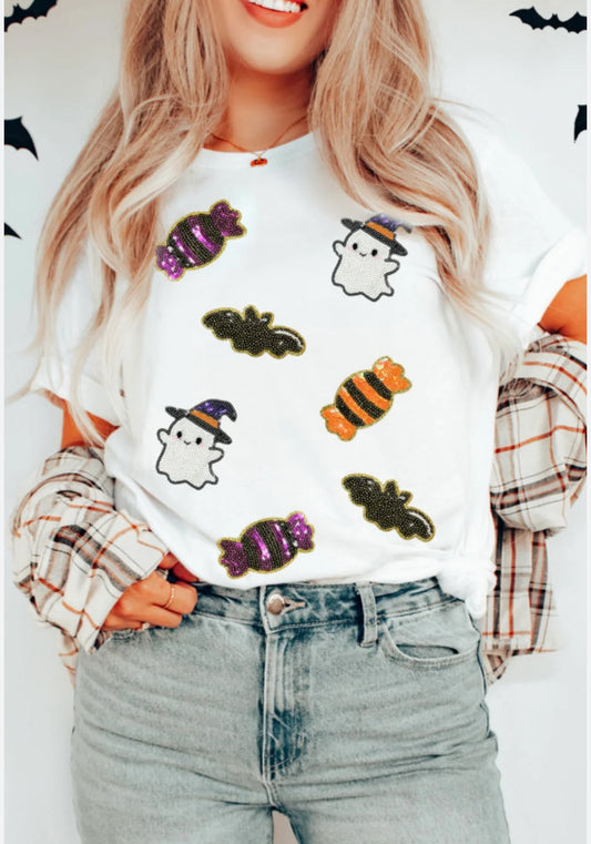 Trick or treat white sequin top