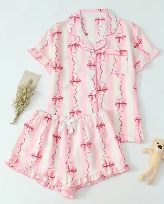 Ladies striped pink bow pajama set