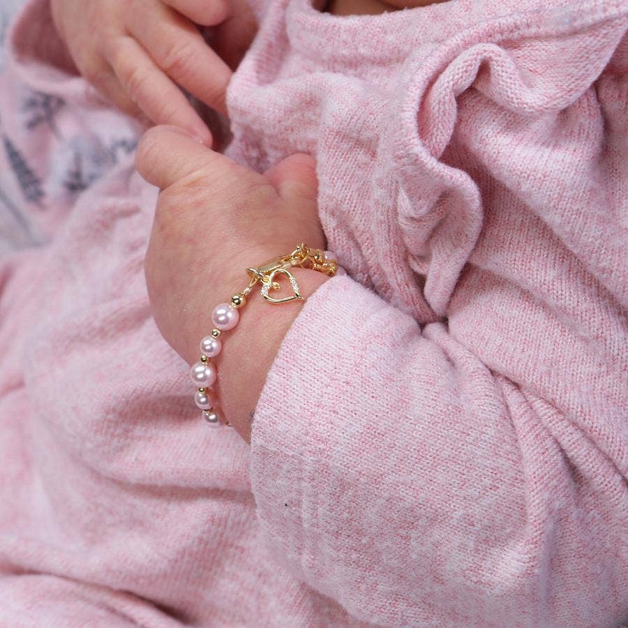 14K Gold-Plated Pink Pearl Baby Heart Bracelet Kids Jewelry