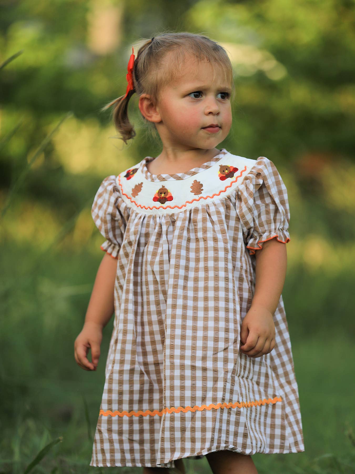 Girls Thanksgiving Smocking Embroidered Brown Plaid Dress