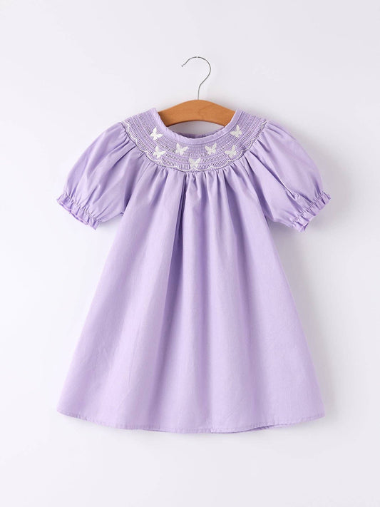 Girls Butterfly Smocking Embroidered Purple Dress