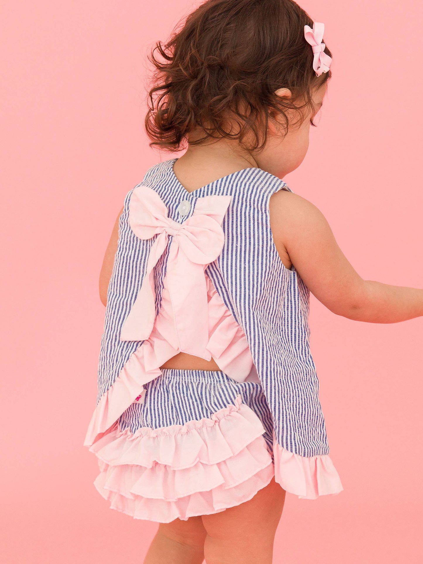 Baby Girls Classic Blue Seersucker Ruffle Swing Top and Bloomer Set