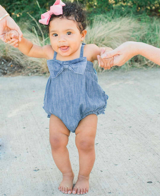 Baby Girls Light Wash Denim Bow Front Bubble Woven Romper