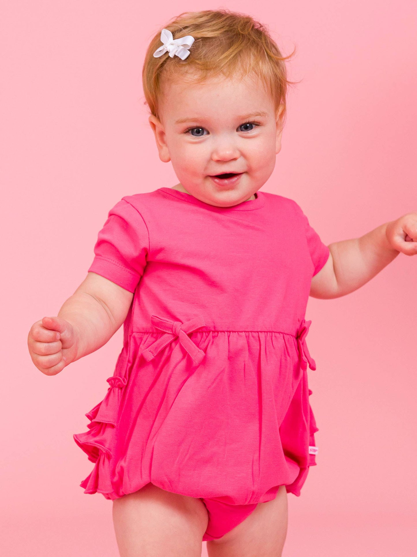 Baby Girls Hot Pink Knit Short Sleeve Bow Bubble Romper