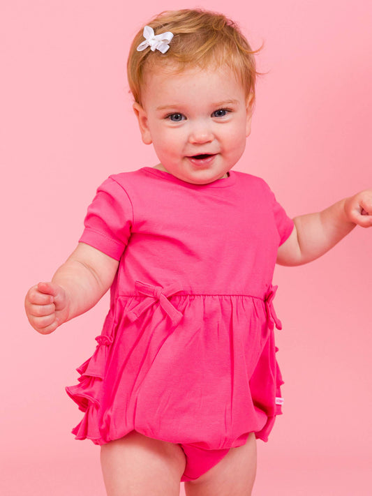 Baby Girls Hot Pink Knit Short Sleeve Bow Bubble Romper