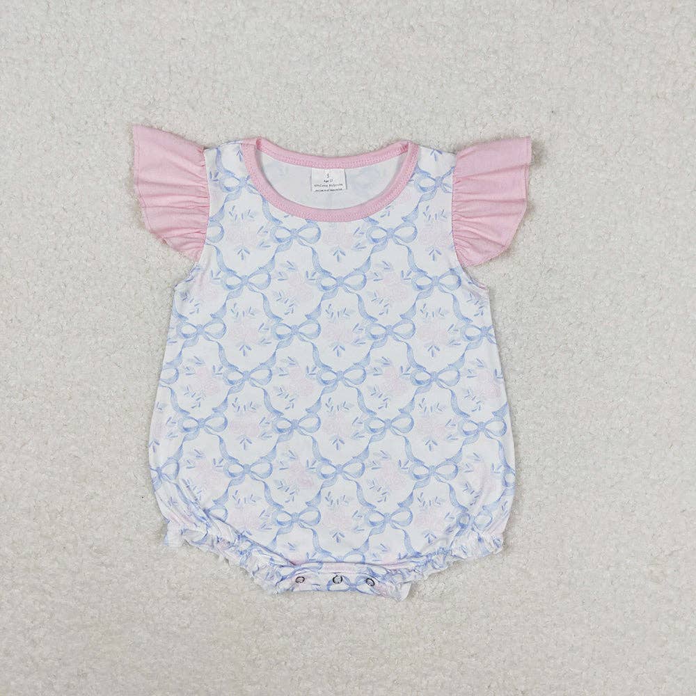 Baby Girls Blue Bows Flutter Sleeve Summer Rompers