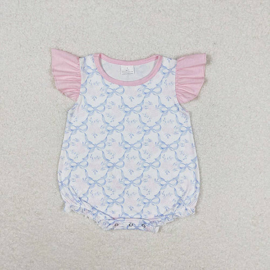 Baby Girls Blue Bows Flutter Sleeve Summer Rompers