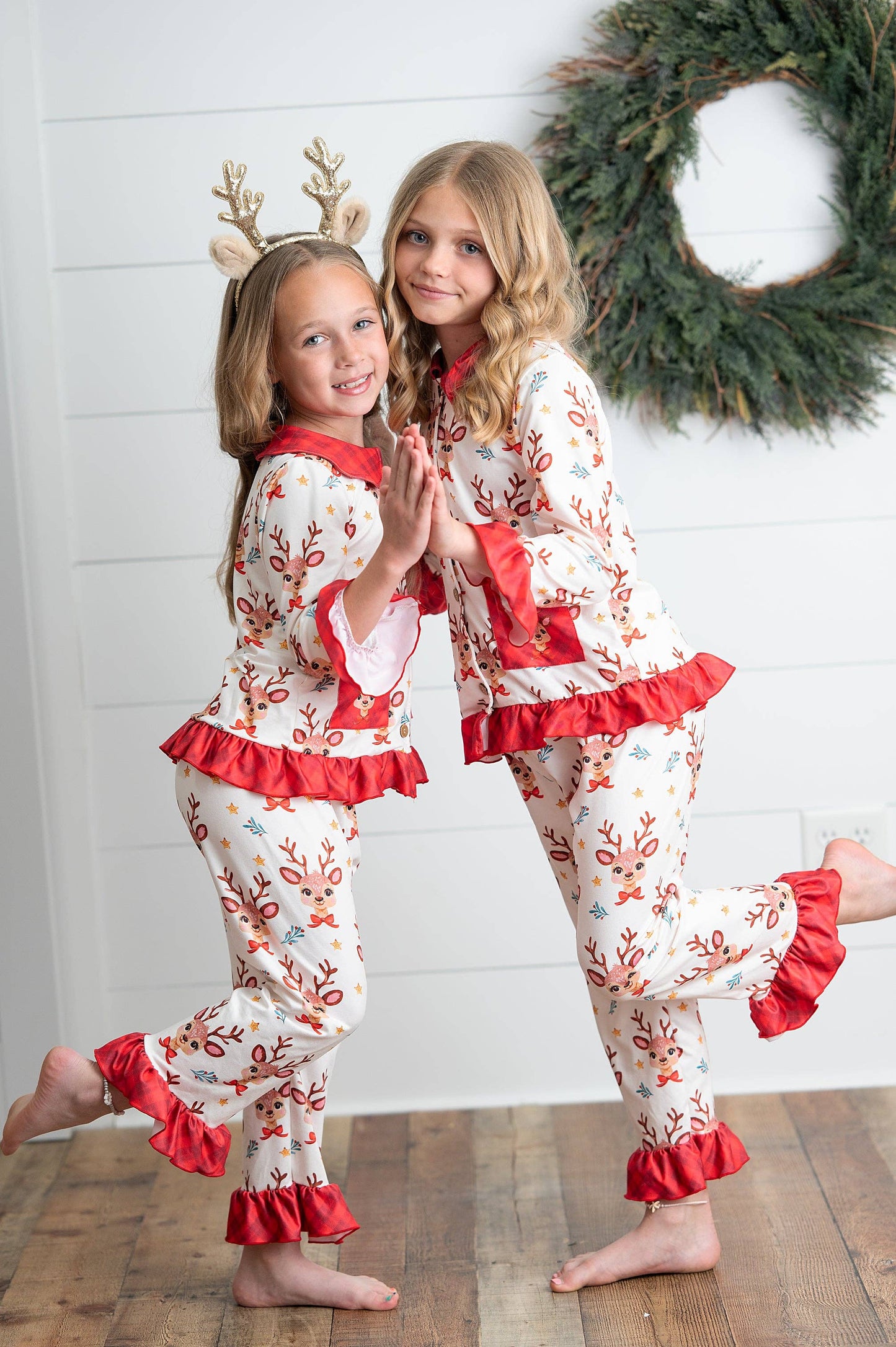 Kids Reindeer Pocket Button Holiday Lounge Play Ruffle Set