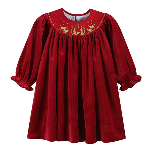 Red Velvet Nativity Smocked Dress