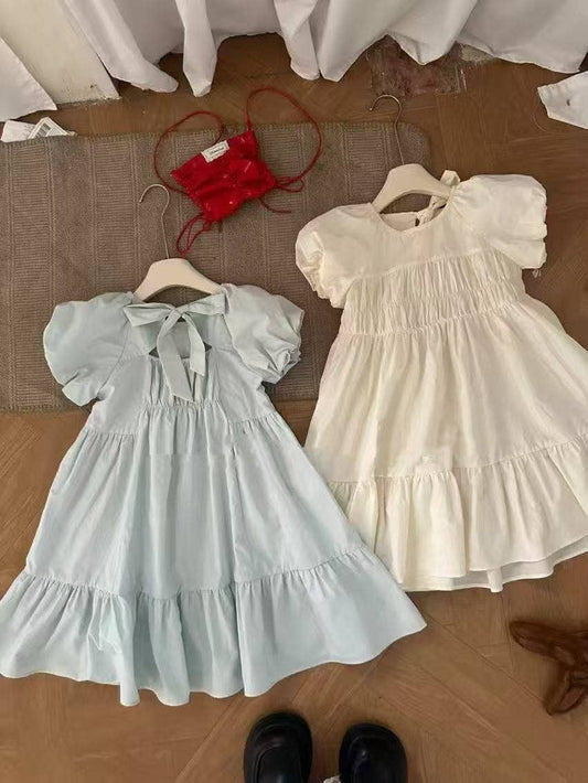Summer Cute Cotton Dress with Bow Tie at Back