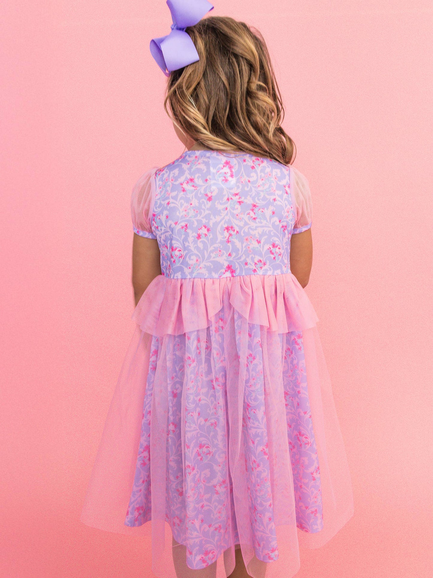 SoftSnooze™ Girls Lavender Floral Princess Puff Sleeve Dress-Up Nightgown