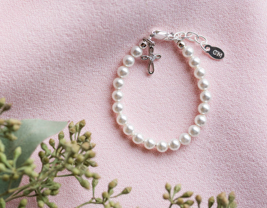 Girls Silver Pearl Baby Baptism Bracelet, 1st Communion Gift