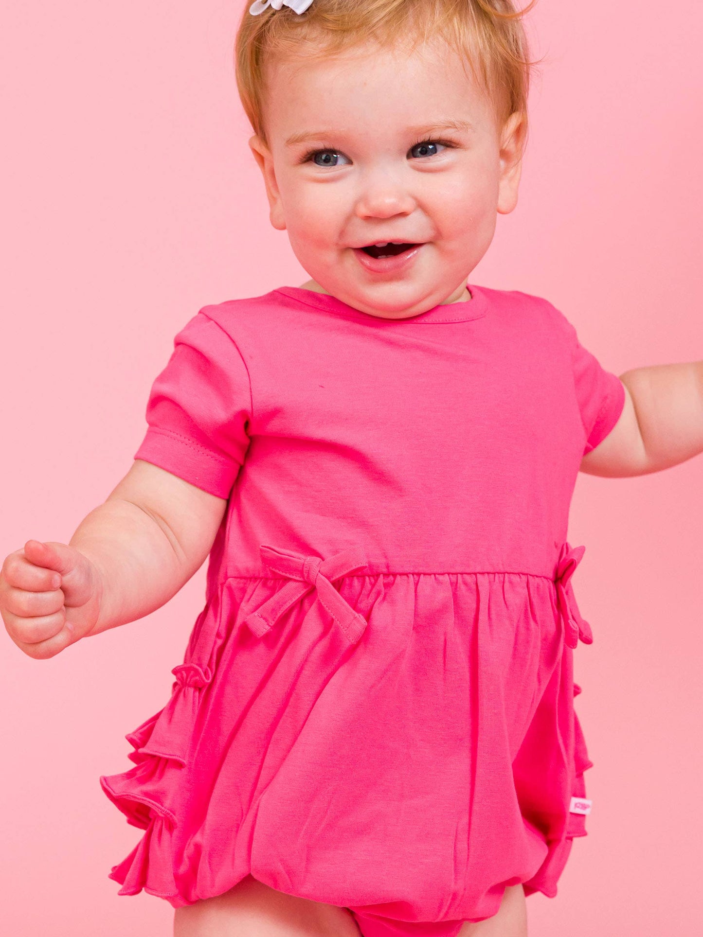 Baby Girls Hot Pink Knit Short Sleeve Bow Bubble Romper