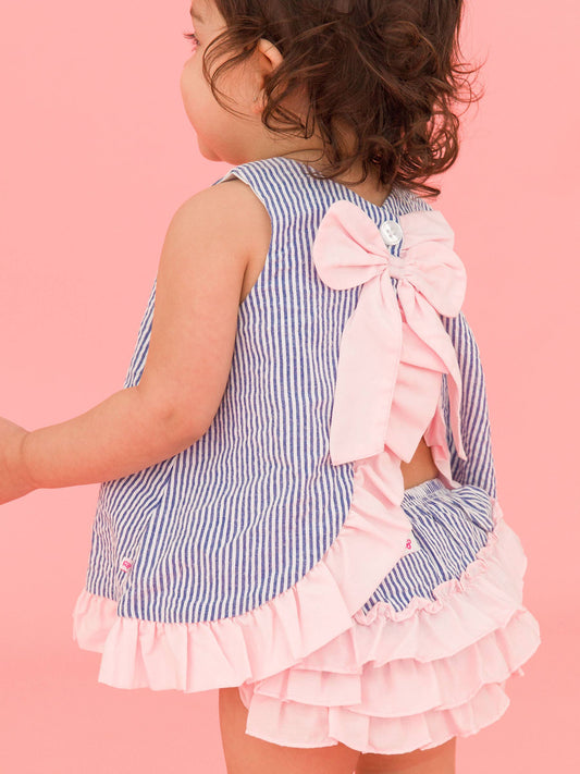 Baby Girls Classic Blue Seersucker Ruffle Swing Top and Bloomer Set