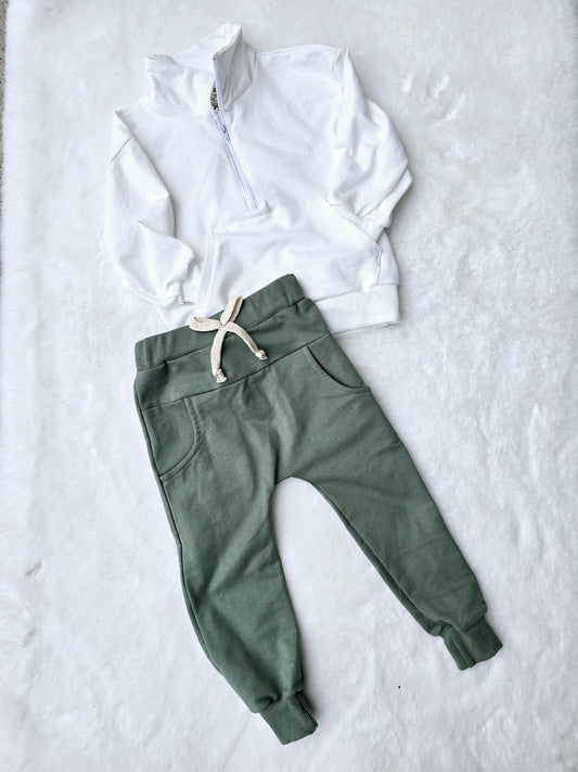 Boys 2 PC Set - 1/2 Zip White Sweatshirt + Green Pants