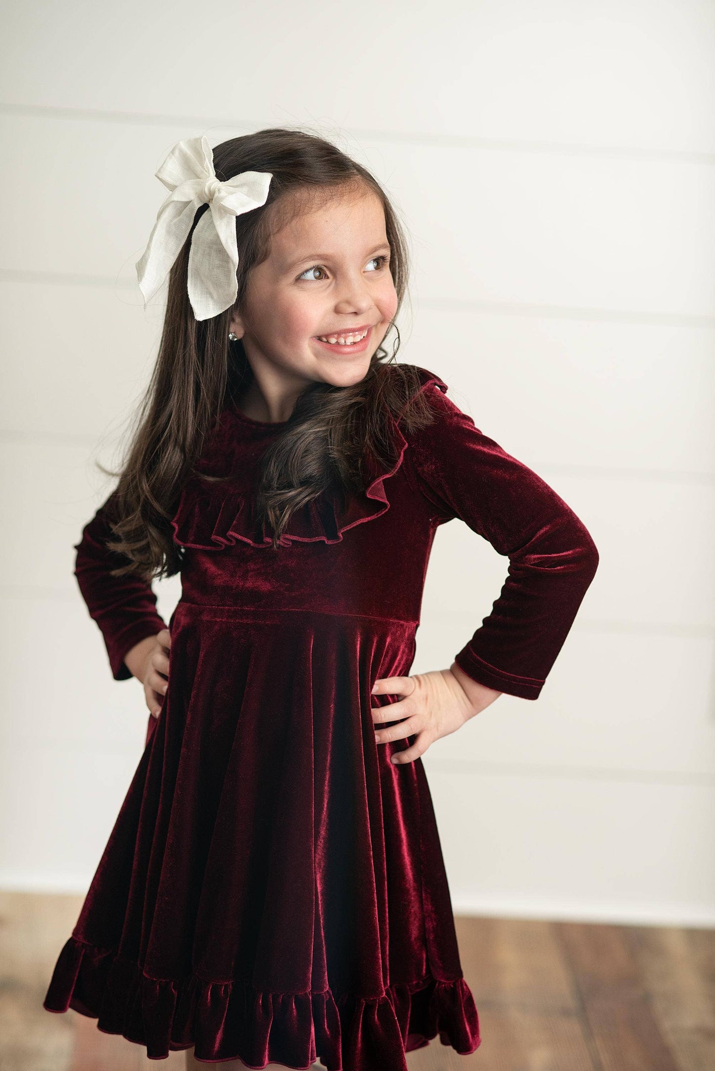 Kids Wine Velvet Ruffle Fancy Winter Christmas Holiday Dress