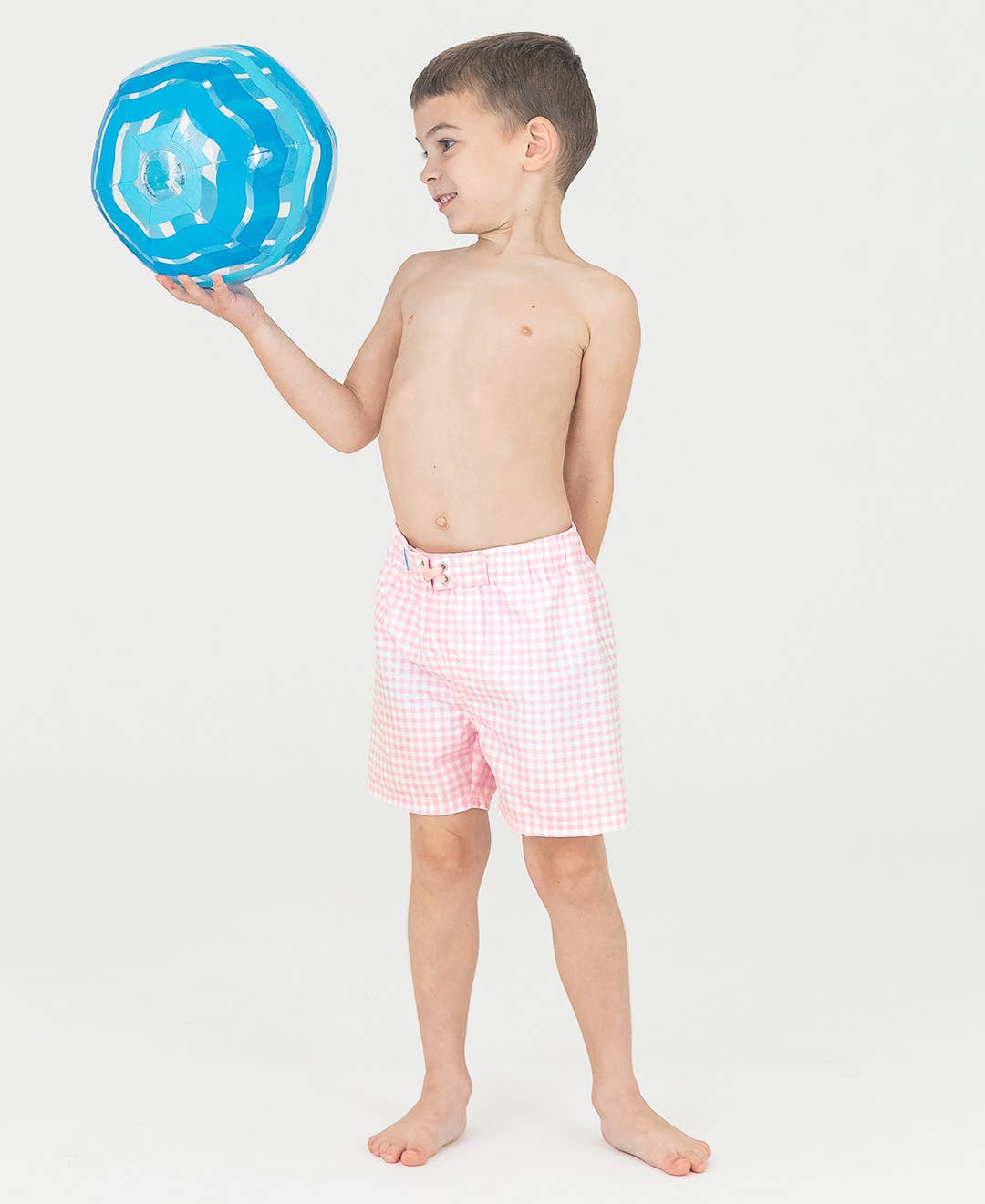 Boys Pink Gingham Swim Trunks