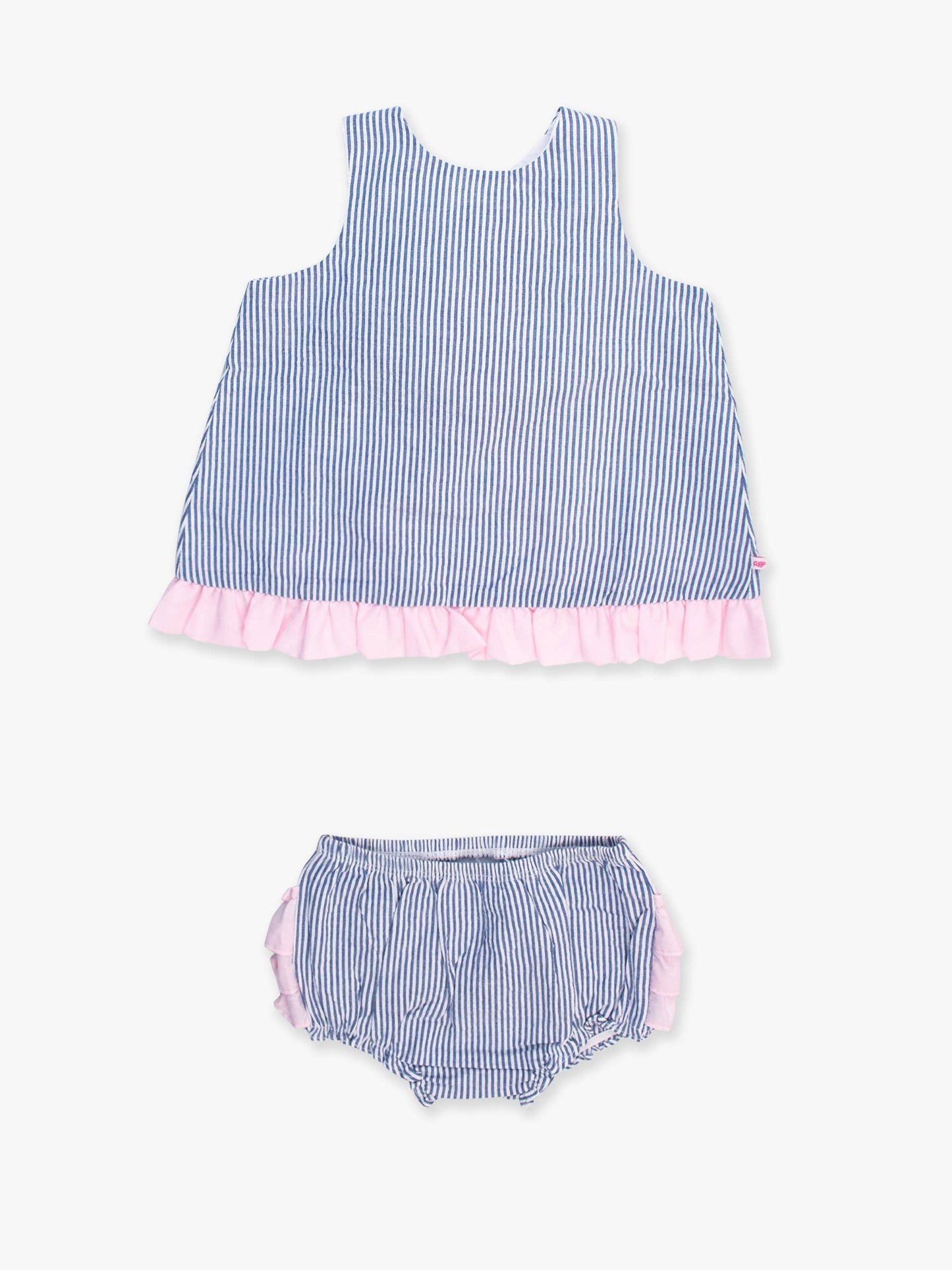 Baby Girls Classic Blue Seersucker Ruffle Swing Top and Bloomer Set