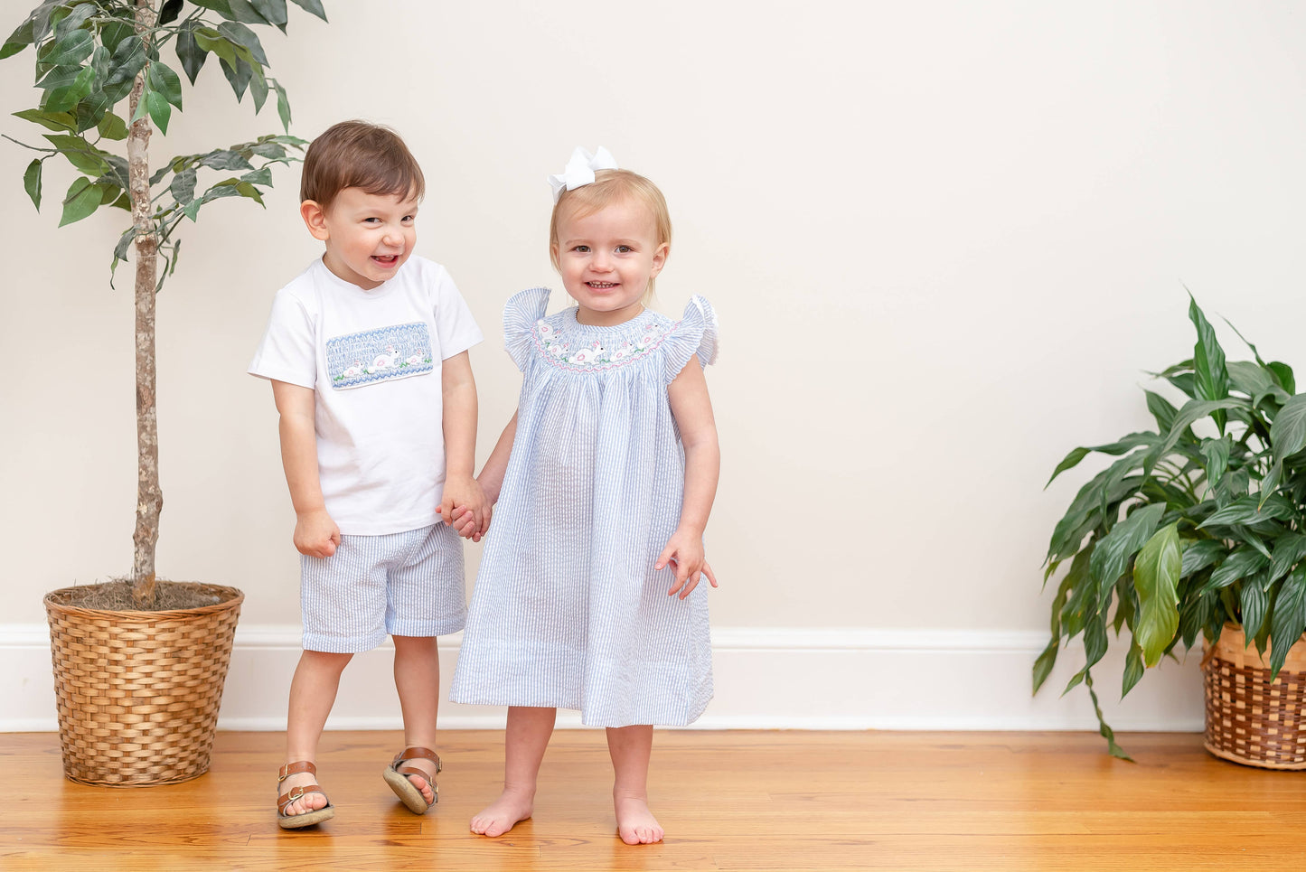 Blue Seersucker Bunnies Smocked Shirt and Boy Shorts Set