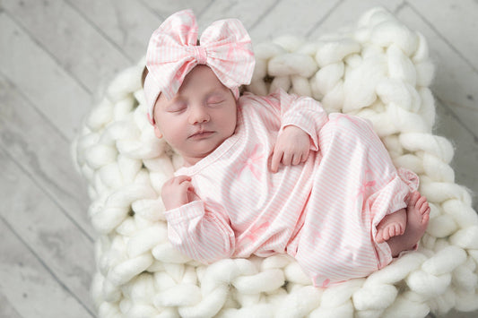 Infant Girls Pink Bows Baby Gown and Bow Headband Set