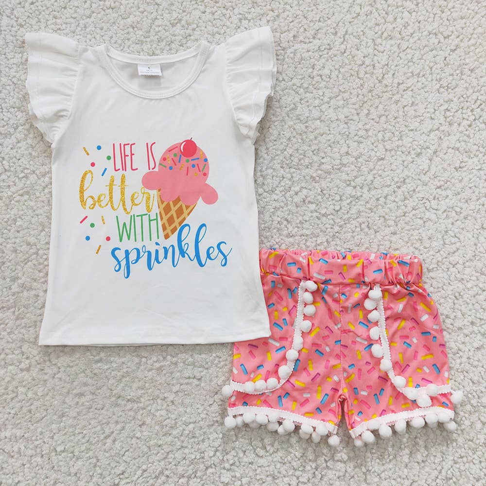 Letter T-shirt pink pompom Shorts sets