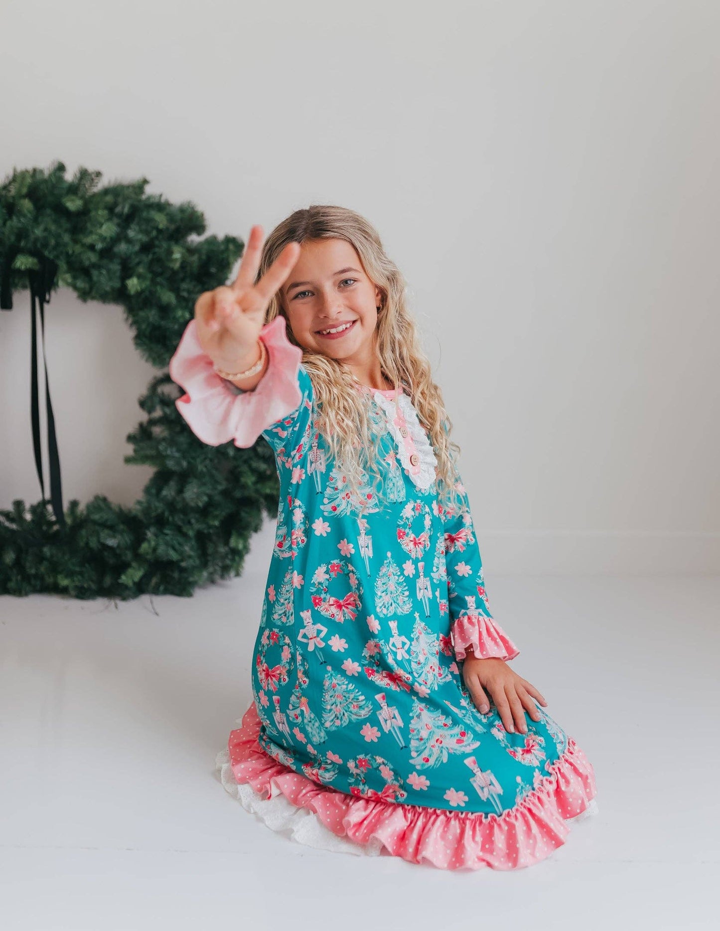 Kids Pink Teal Christmas Holiday Nutcracker Lace Lounge Gown