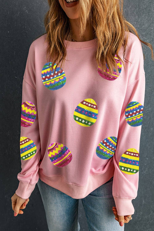 Pink Eater Egg Sequin Patched Crew Neck Sweatshirt