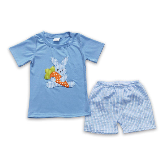 Bunny carrot embroidery shirt seersuck shorts boy easter clothes
