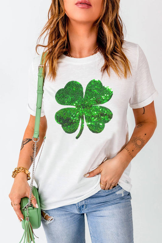 Sequin Clover Patch Graphic St Patrick Fashion Tee
