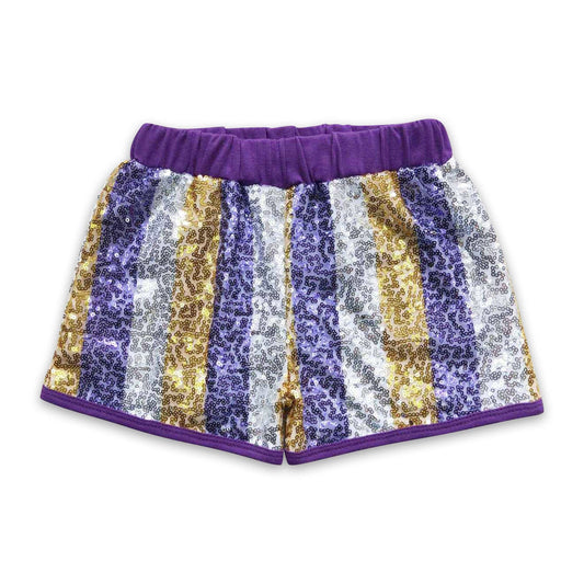 Purple gold white stripe sequin girls shorts